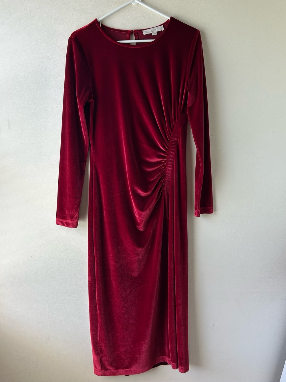 LOFT Velvet Ruched Midi Dress Slit Jewel Ruby Cranberry Red 6